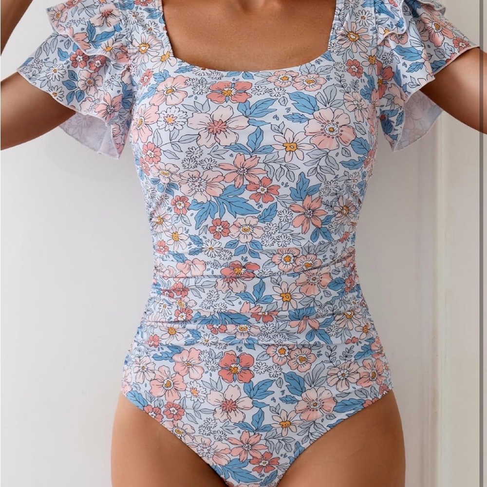 Floral Ruffle Sleeve One Piece Swimsuit